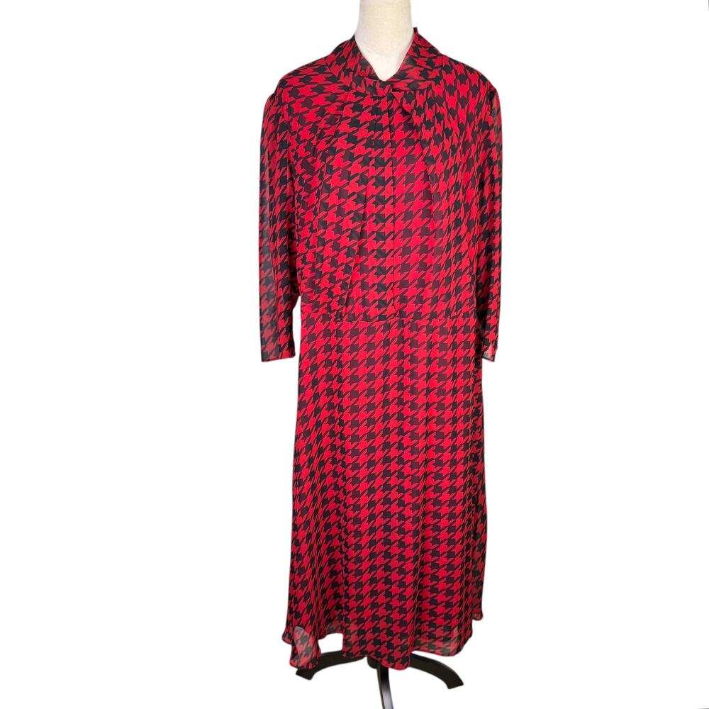Maison Tara Red Black Houndstooth High Neck Pleat 3/4 Sleeve Chiffon Midi Dress